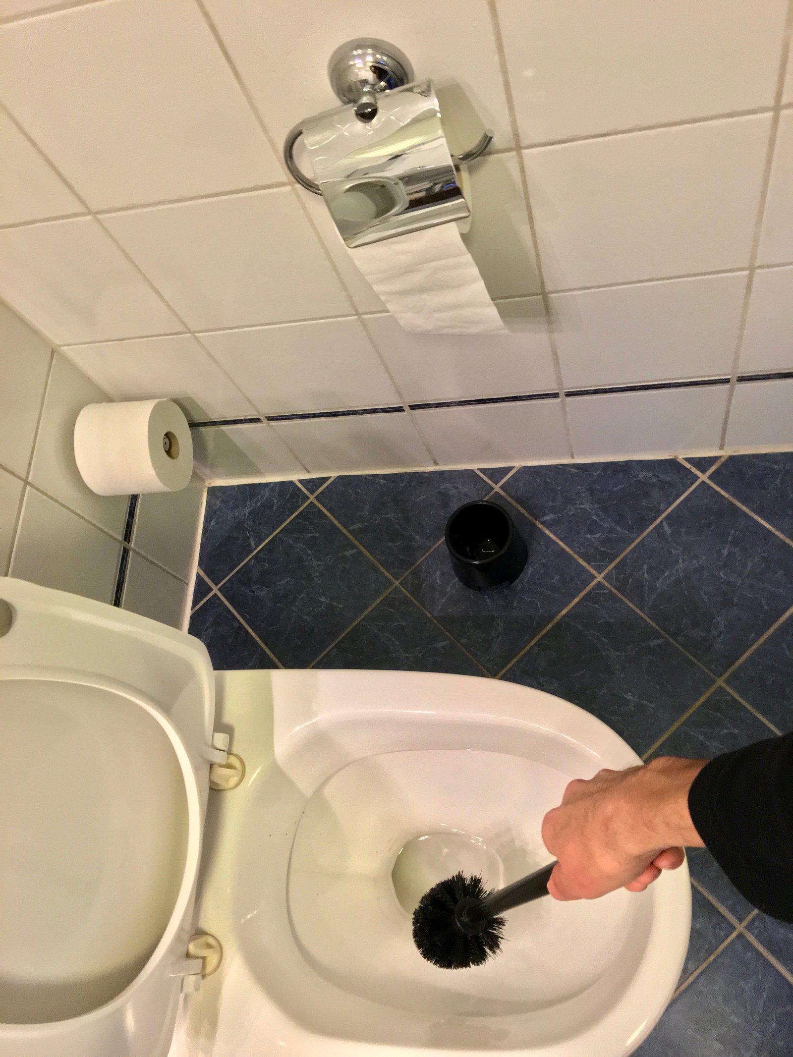 Toilettenbürste reinigt die WC-Schüssel in einem Badezimmer mit gefliesten Wänden